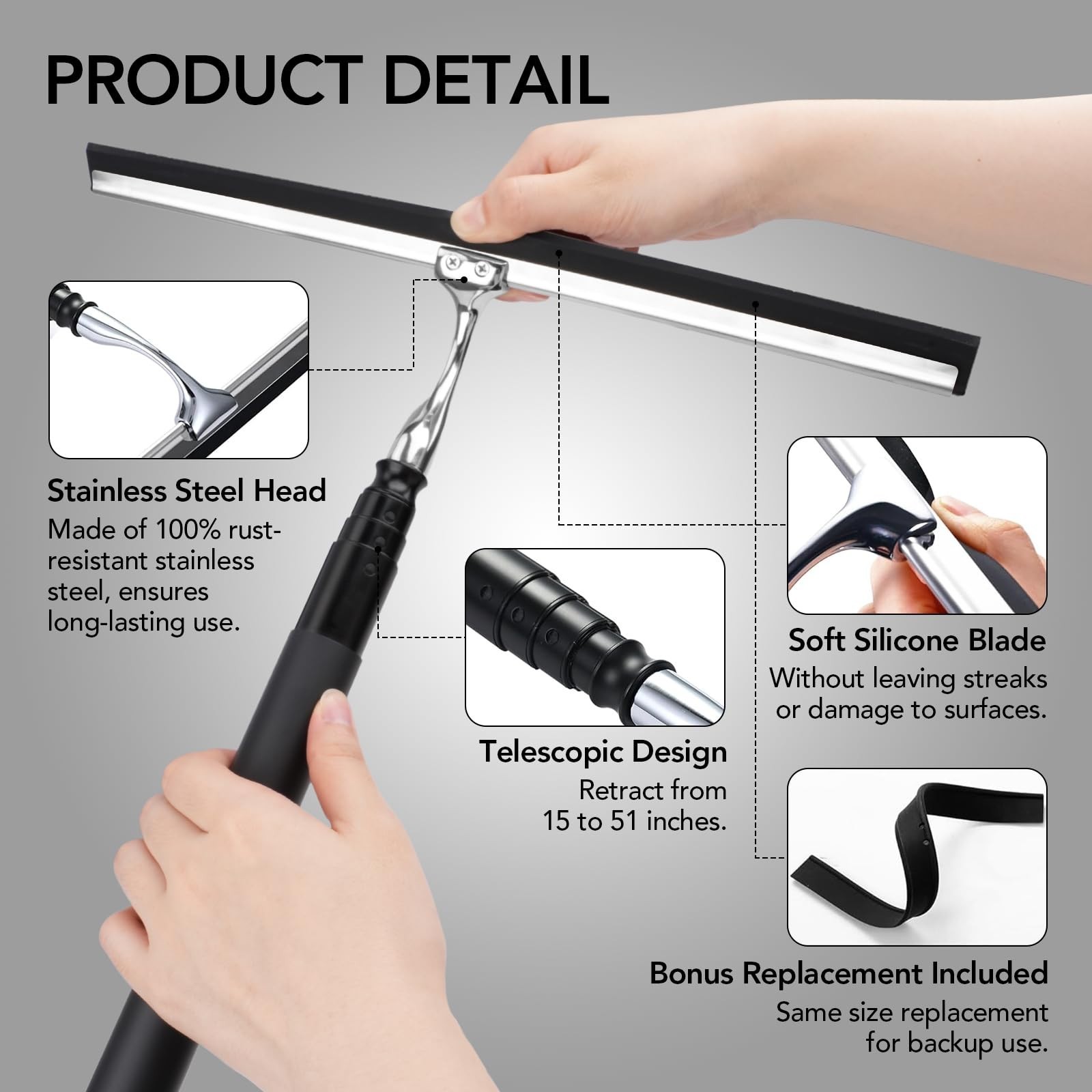 Telescopic Shower Squeegee 15-51″ | Window Cleaner Tool for Glass, Tile, Floors