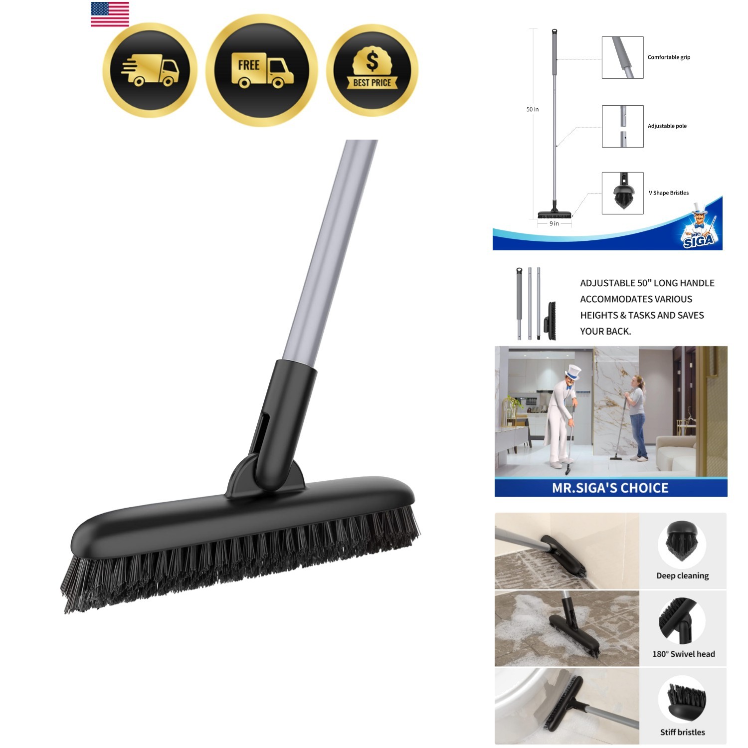 Heavy Duty Grout Scrub Brush with Long Handle, Shower Floor Scrubber for Clea…