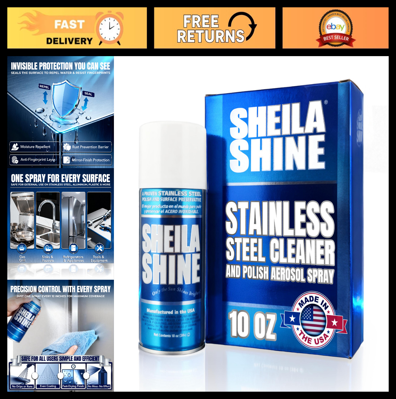 Stainless Steel Cleaner & Polish Spray – 10oz, Streak-Free Shine for Appliances,