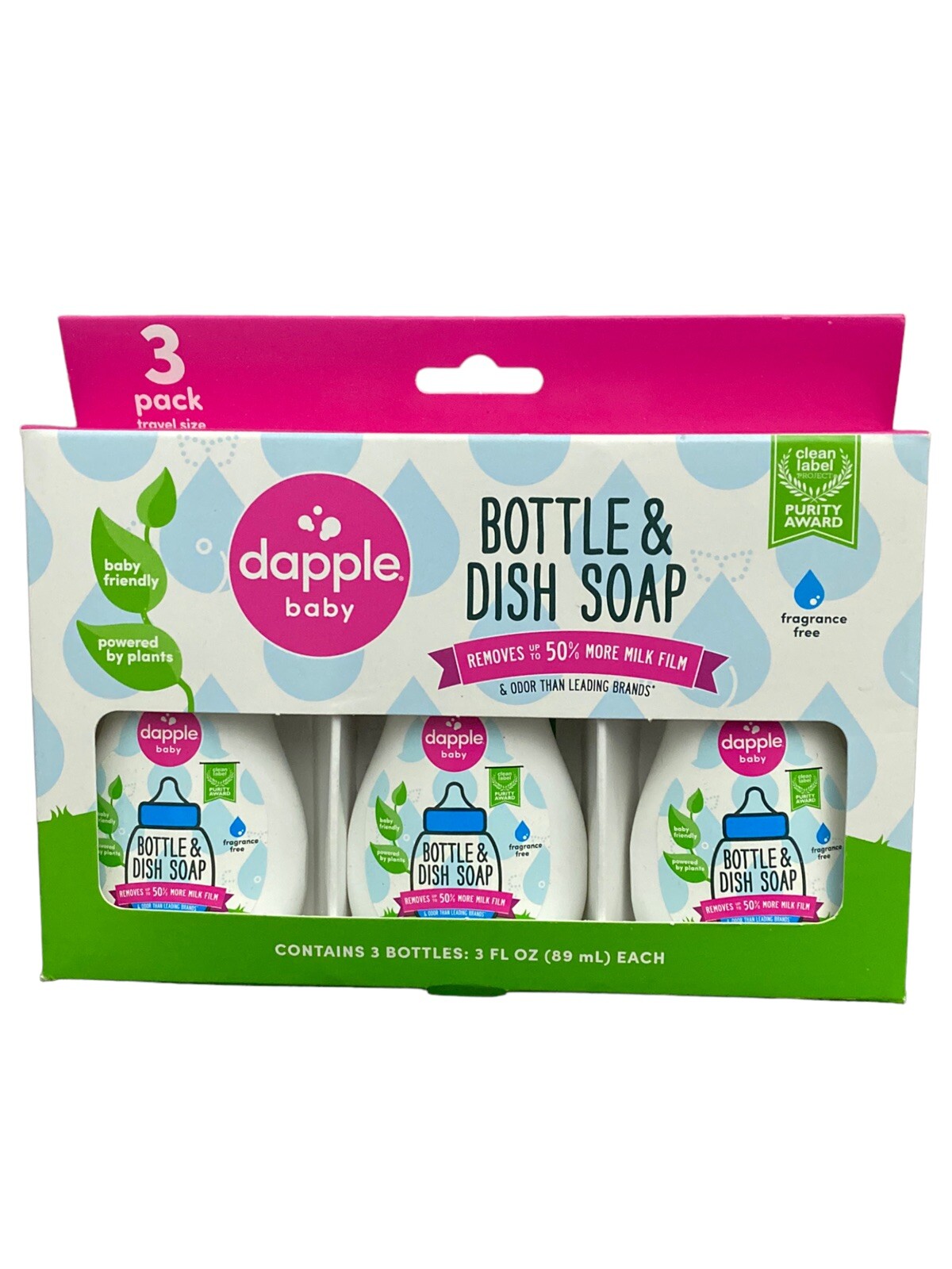 Dapple Baby Bottle & Dish Soap Travel Size 3-Pack of 3oz Bottles Fragrance Free