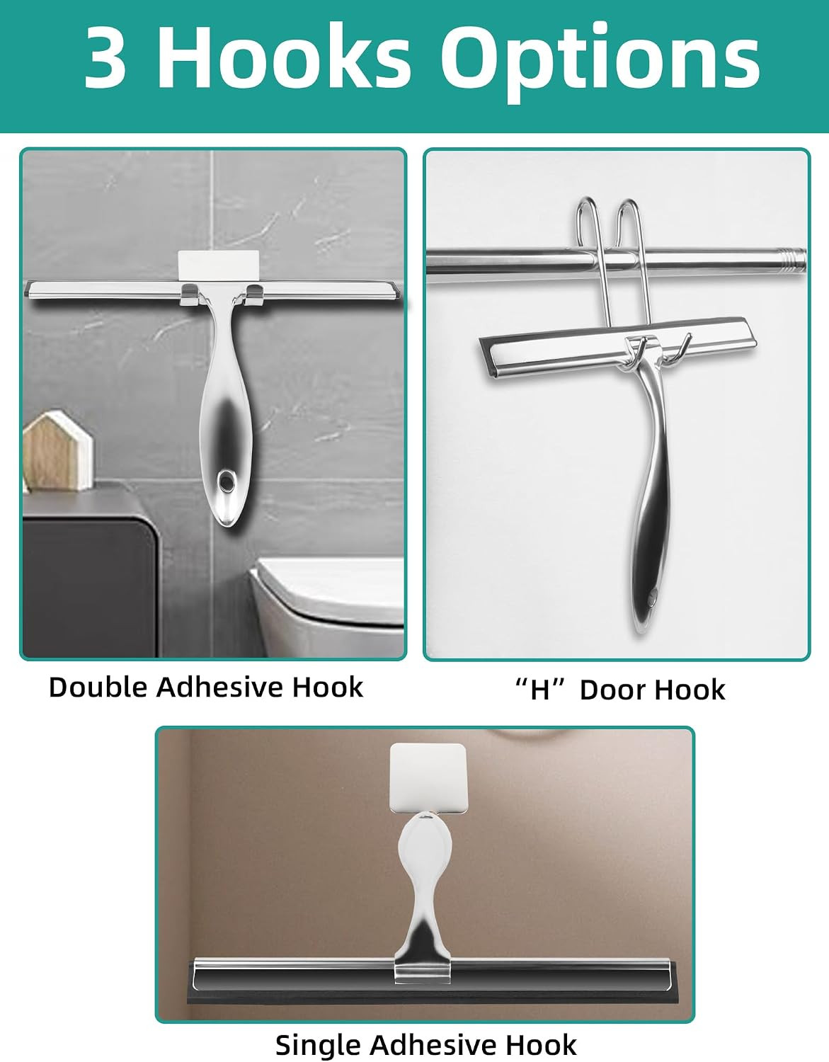 All-Purpose Stainless Steel Shower Squeegee Come with S Hook, 2 Square Sticky Ho