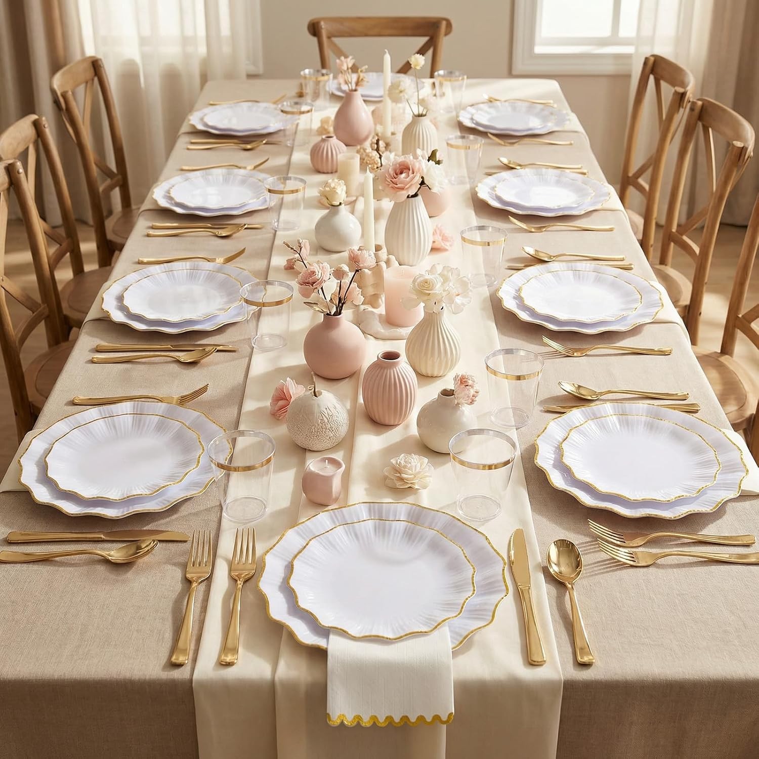 I00000 350 PCS White and Gold Plastic Plates for 50 Guests, Premium Scalloped