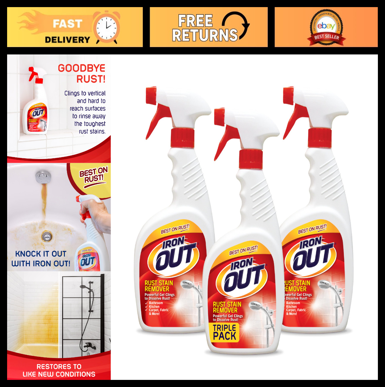 Rust Stain Remover Spray Gel – No Scrubbing, 24oz, 3-Pack for Bathrooms, Kitchen