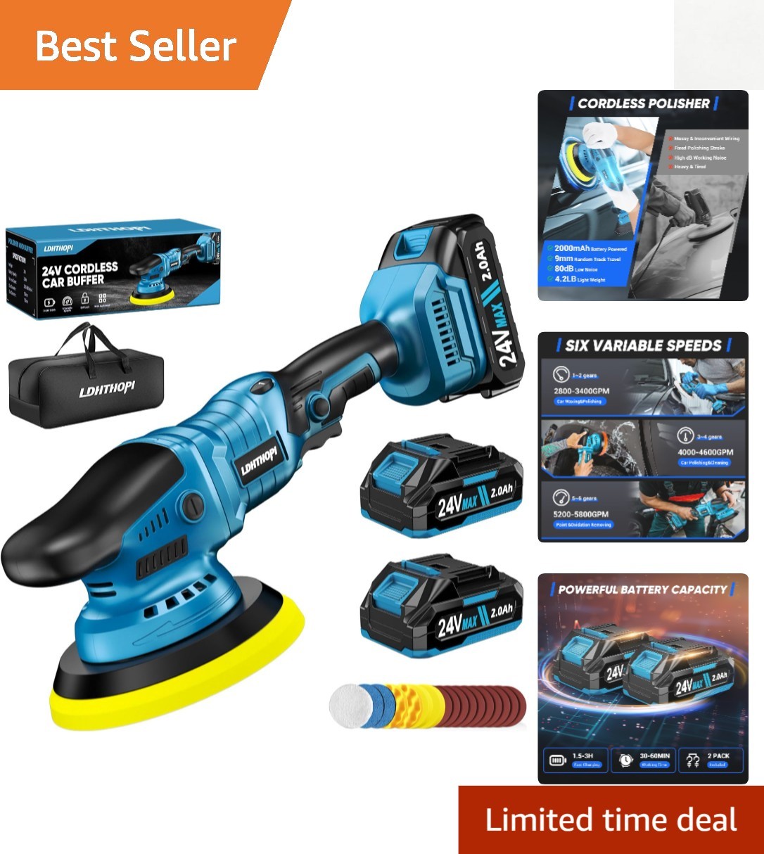 Cordless Buffer Polisher with 2×2000mAh Battery, 10000RPM 1600W High Power Ca…
