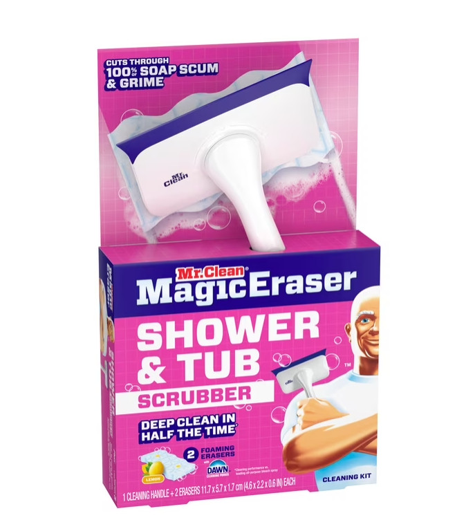 Mr. Clean Shower & Tub Scrubber, Starter Kit, 1 Scrubber & 2 Erasers