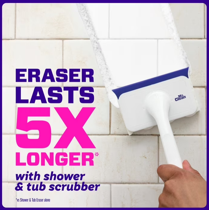 Mr. Clean Shower & Tub Scrubber, Starter Kit, 1 Scrubber & 2 Erasers