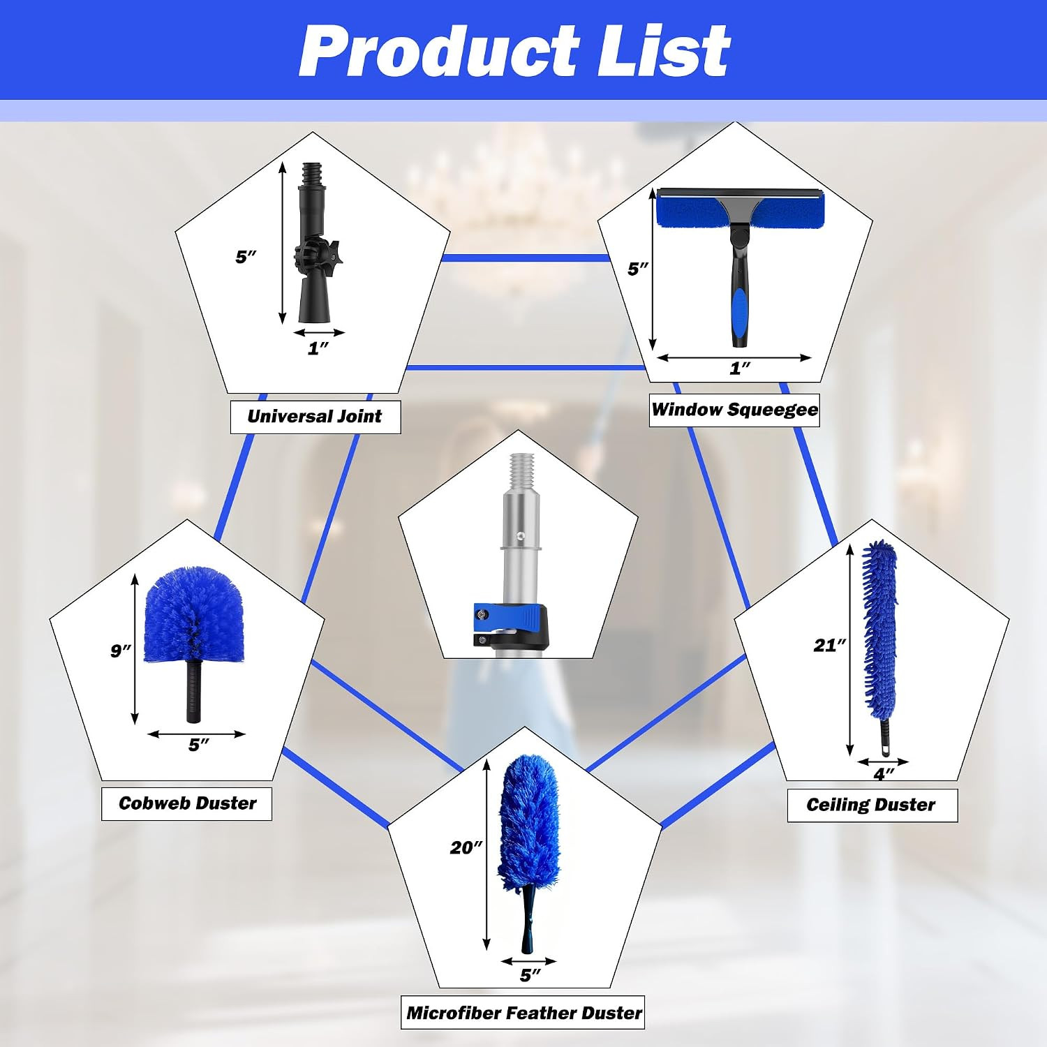 30FT Reach High Ceiling Duster Kits, Window Cleaning Kit with 5-24FT Telescoping