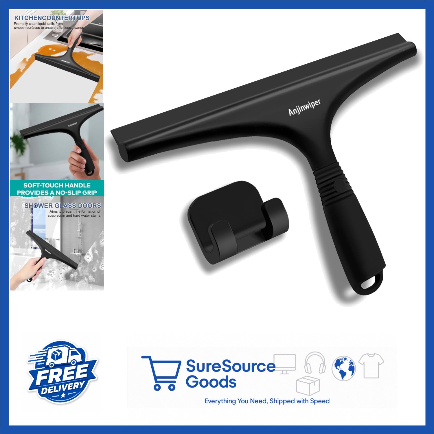 10 Inch Black Shower Squeegee with Silicone Blade for Windows and Mirrors
