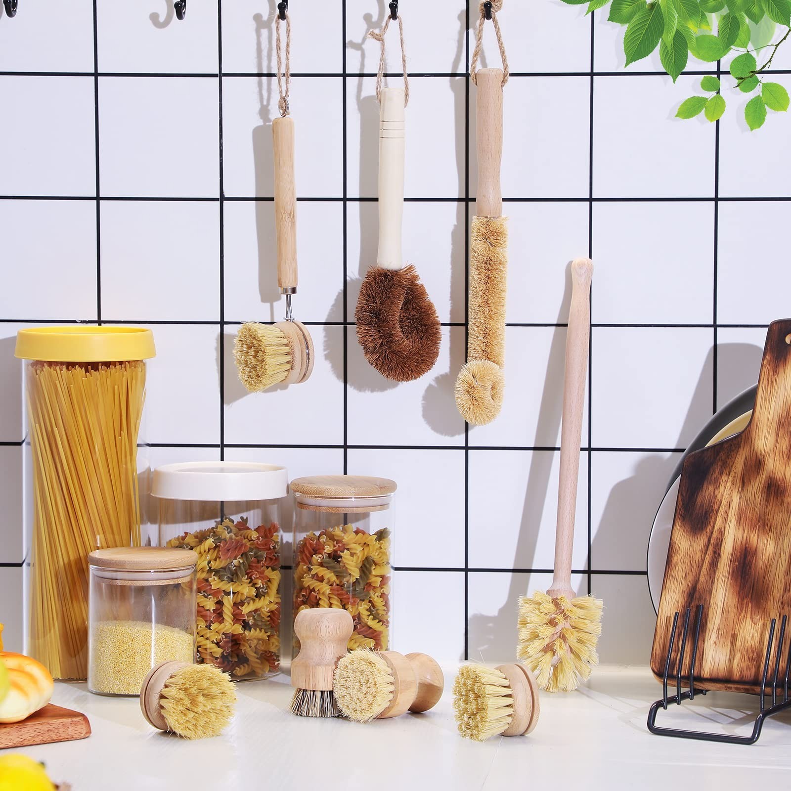 8 Pcs Bamboo Dish Brushes Set – Natural Sisal Bristles, Long Handle Scrubbers fo
