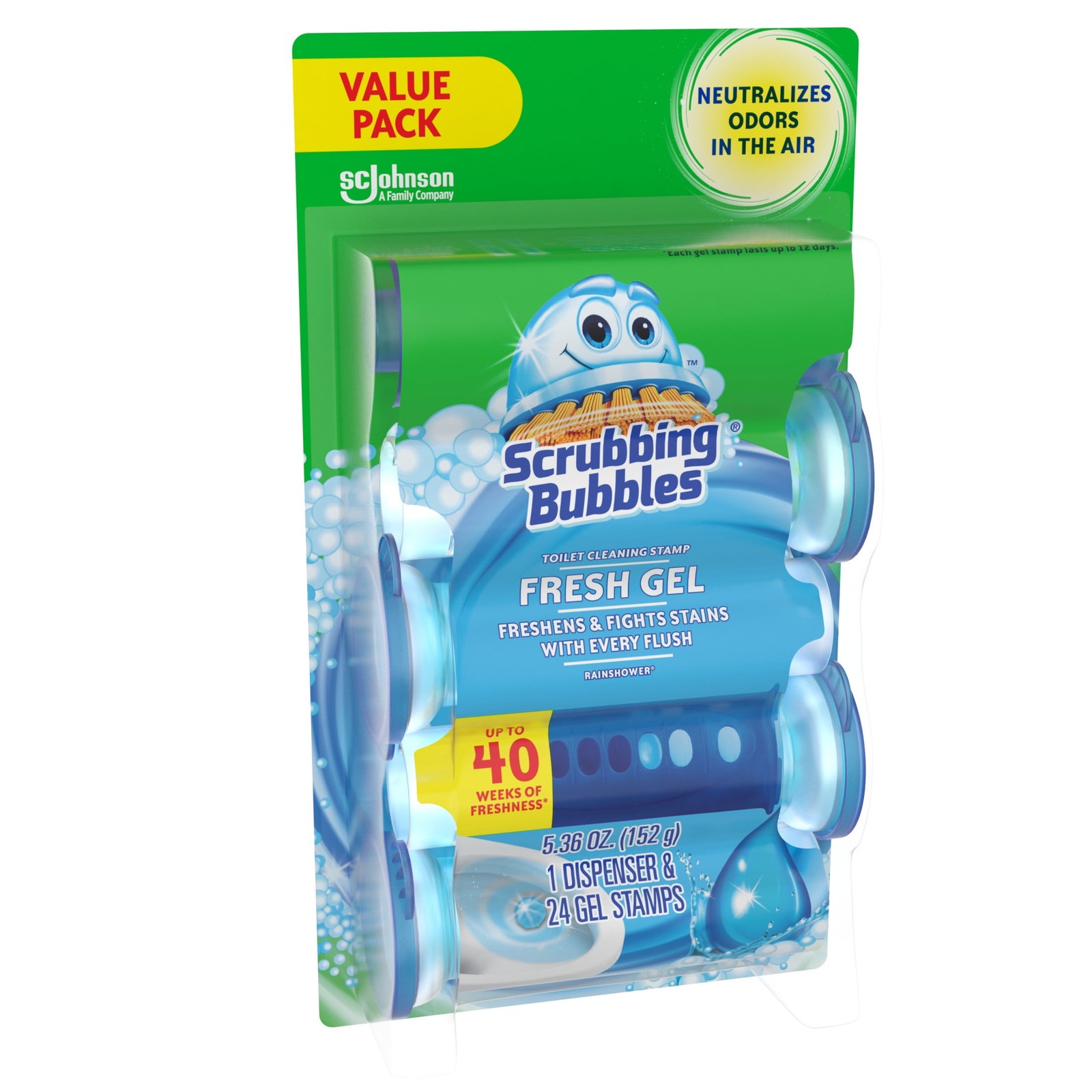 Bubbles Fresh Gel Toilet Cleaning Stamp, Rain Shower, Dispenser with 4 Refills