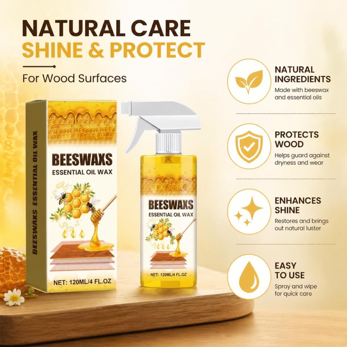 Beeswax Wood Polish Spray, Natural Furniture Cleaner & Restorer, Removes Scra…
