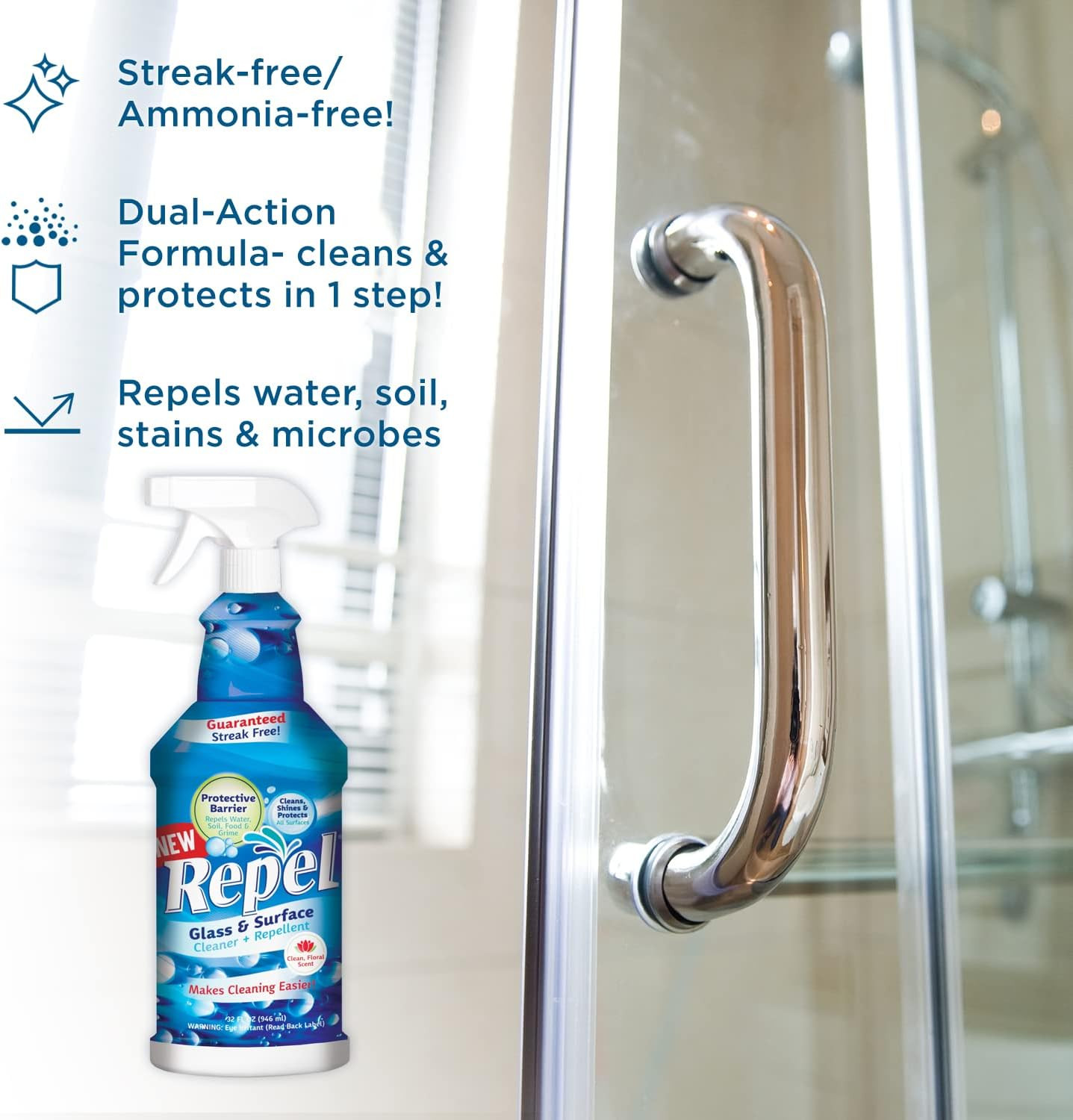 REPEL Glass & Surface Cleaner 32 Fl. Oz. – Cleans & Repels Water Spots and Dirt