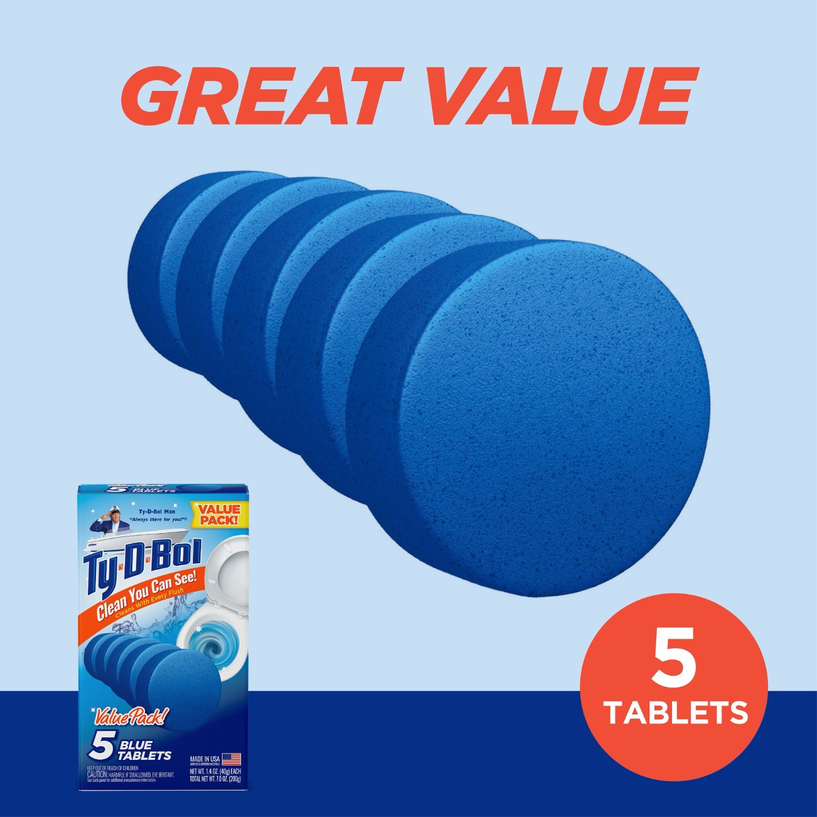 Ty-D-Bol Blue Tablets Value 5 Pack Automatic Toilet Bowl Cleaner Deodorizer Tabs
