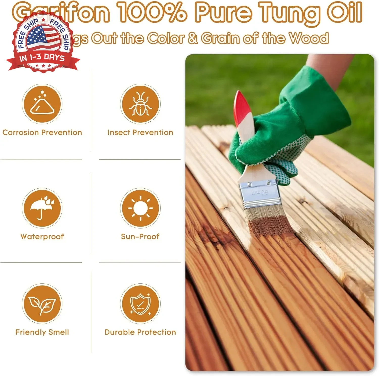 64 OZ 100% Pure Tung Oil for Outdoor Furniture & Indoor Wood – Food Grade, Seale