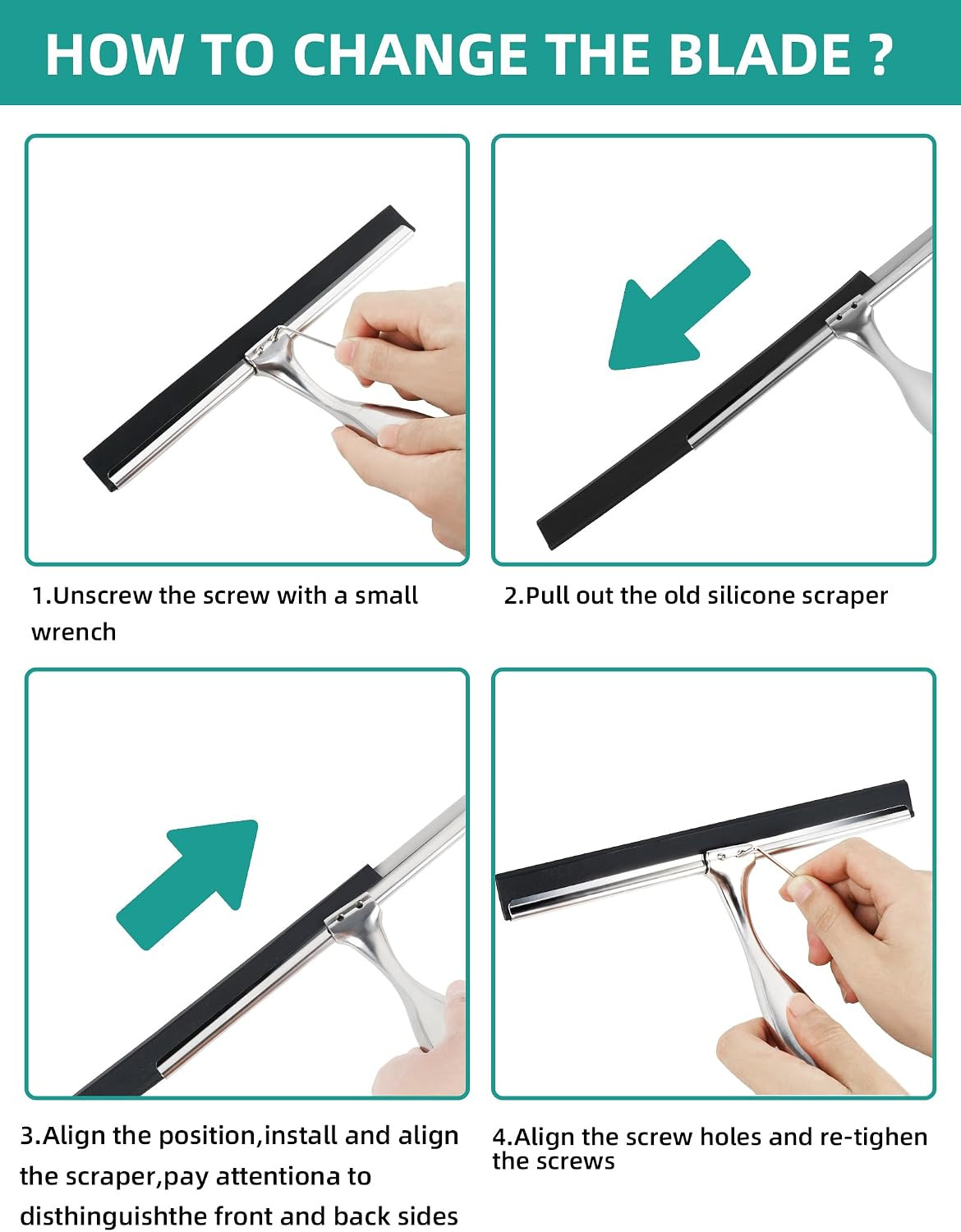 All-Purpose Stainless Steel Shower Squeegee Come with S Hook, 2 Square Sticky Ho