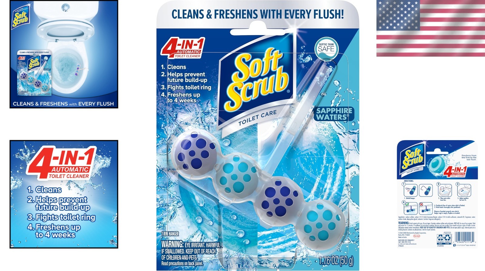 Toilet Cleaner 4-in-1, Sapphire Waters – Fights Rings & Lasts 4 Weeks, 50g