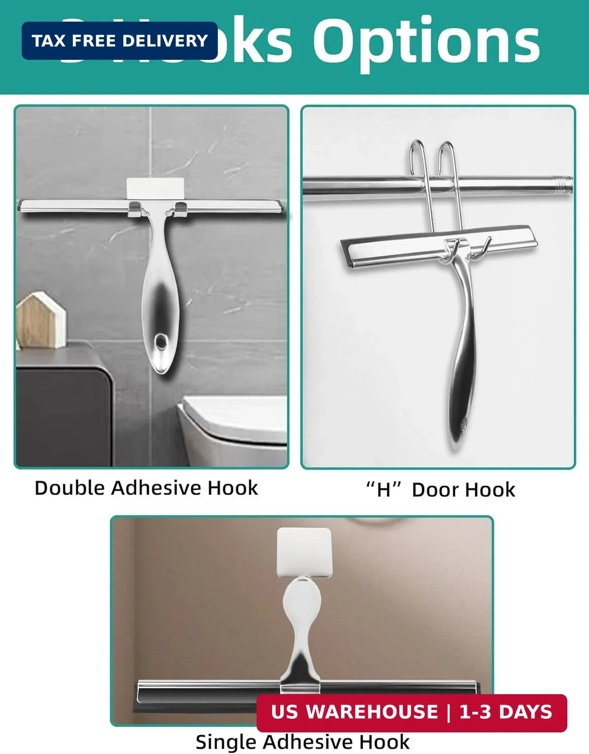 All-Purpose Stainless Steel Shower Squeegee Come with S Hook, 2 Square Sticky Ho