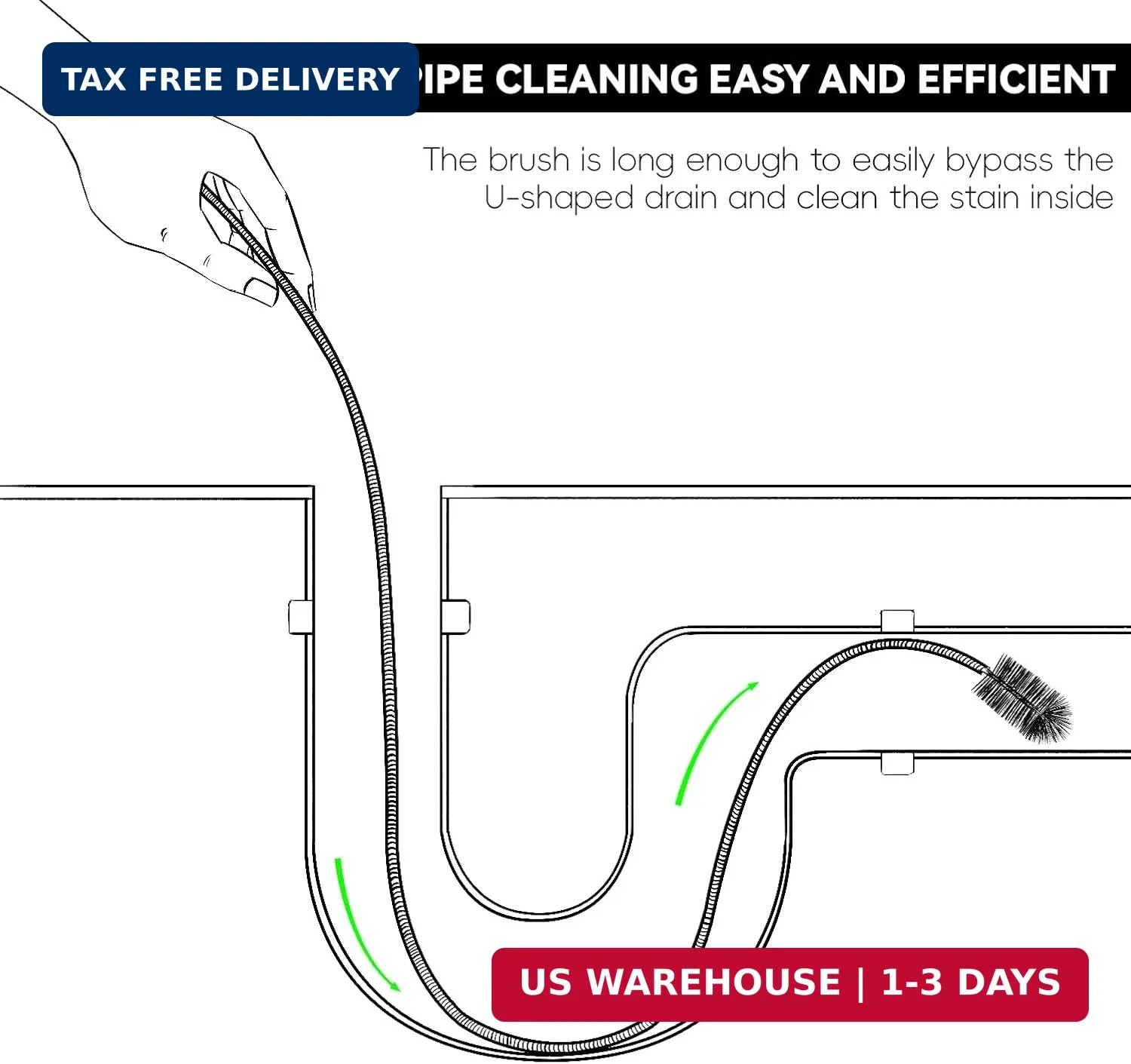 Flexible Drain Brush, 66 Inch Long Double Ended Hose Pipe and 58 Inch Tube Clean