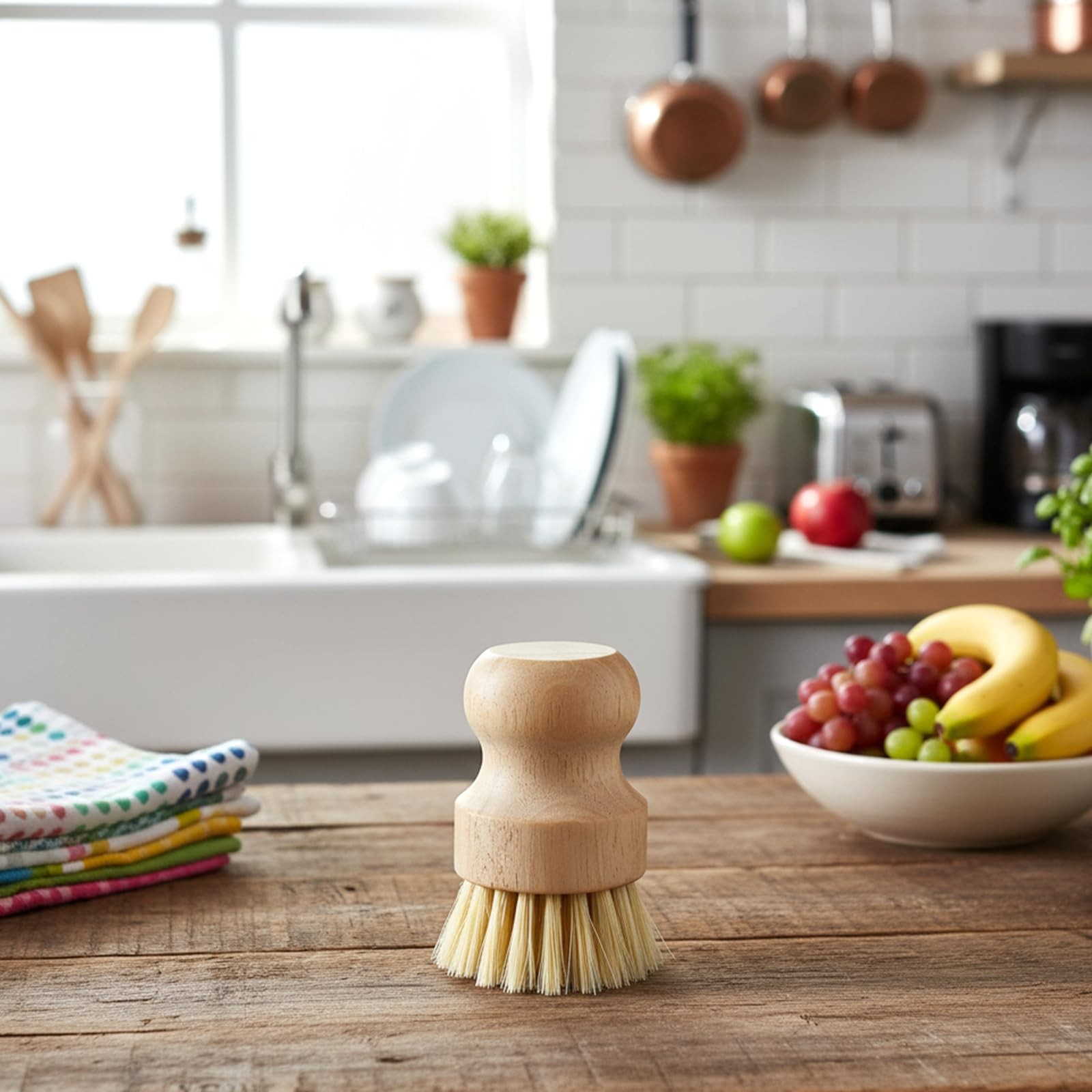 10 Pcs Dish Scrub Brush Set, Mini Natural Wooden Scrubbers Set Round Dish Bru…