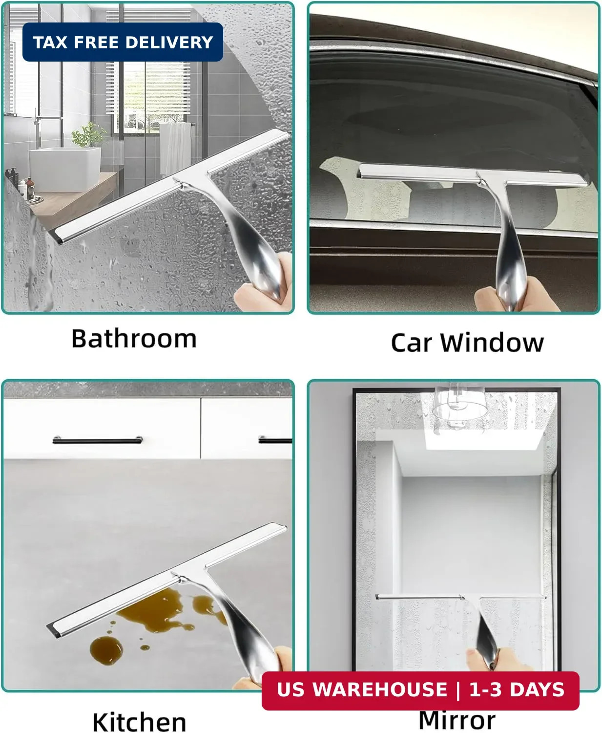 All-Purpose Stainless Steel Shower Squeegee Come with S Hook, 2 Square Sticky Ho