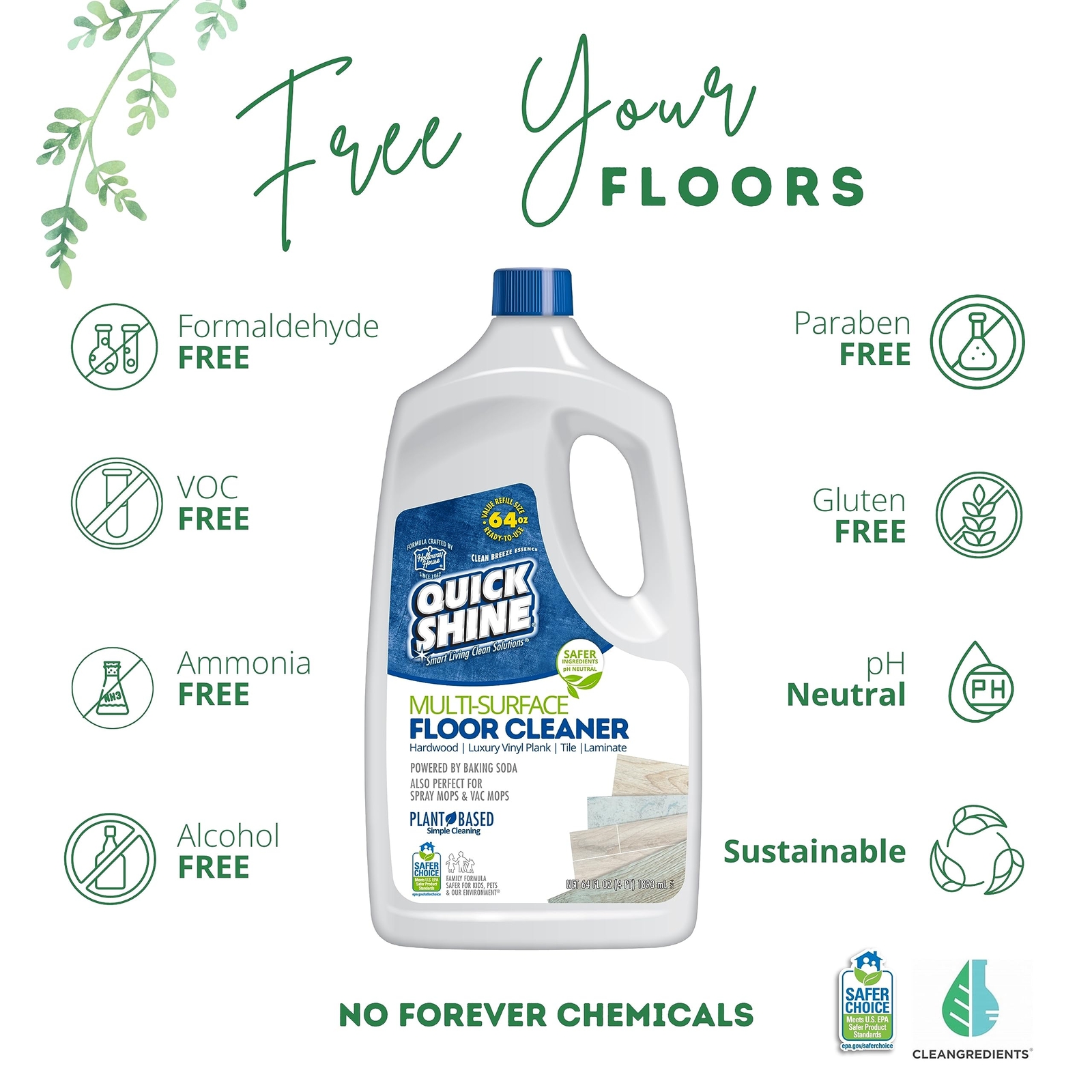 Quick Shine Multi Surface Floor Cleaner 64oz | Ready to Use, Dirt Dissolving,