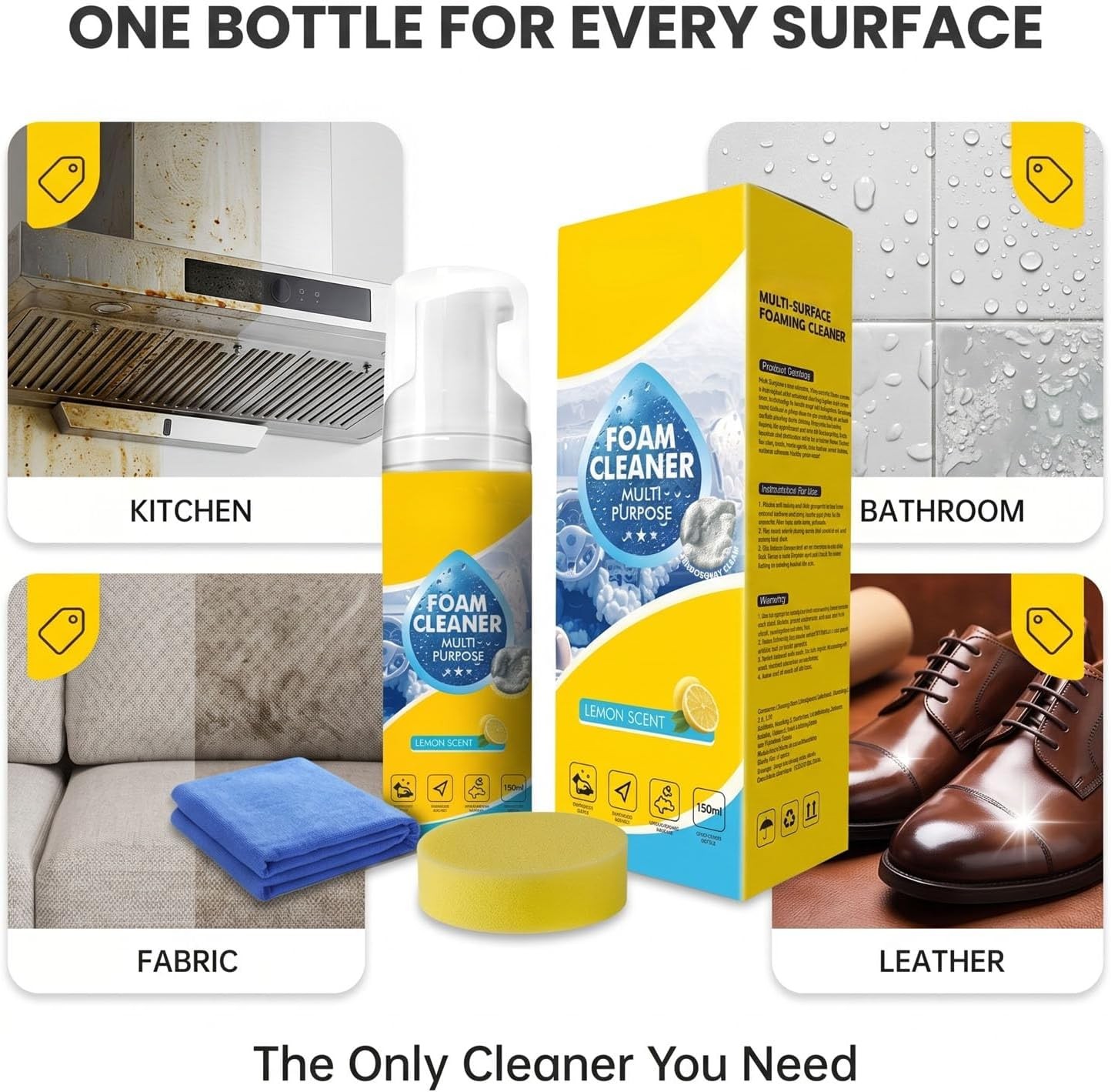 4-in-1 Multi-Enzyme Foam Cleaner, All-Purpose Spray 5oz with Sponge & Towel