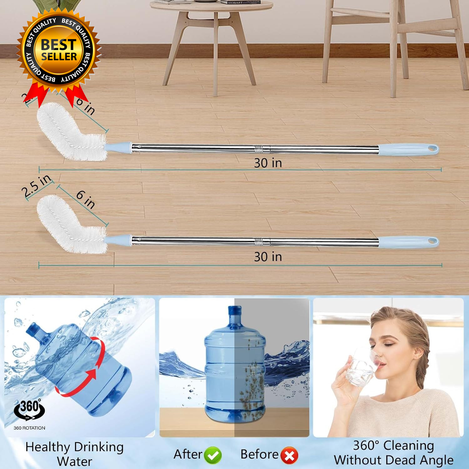 2-Pack 28’ Long Bottle Brush 3 and 5 Gallon Bottle Cleaning Brush Water Bottle