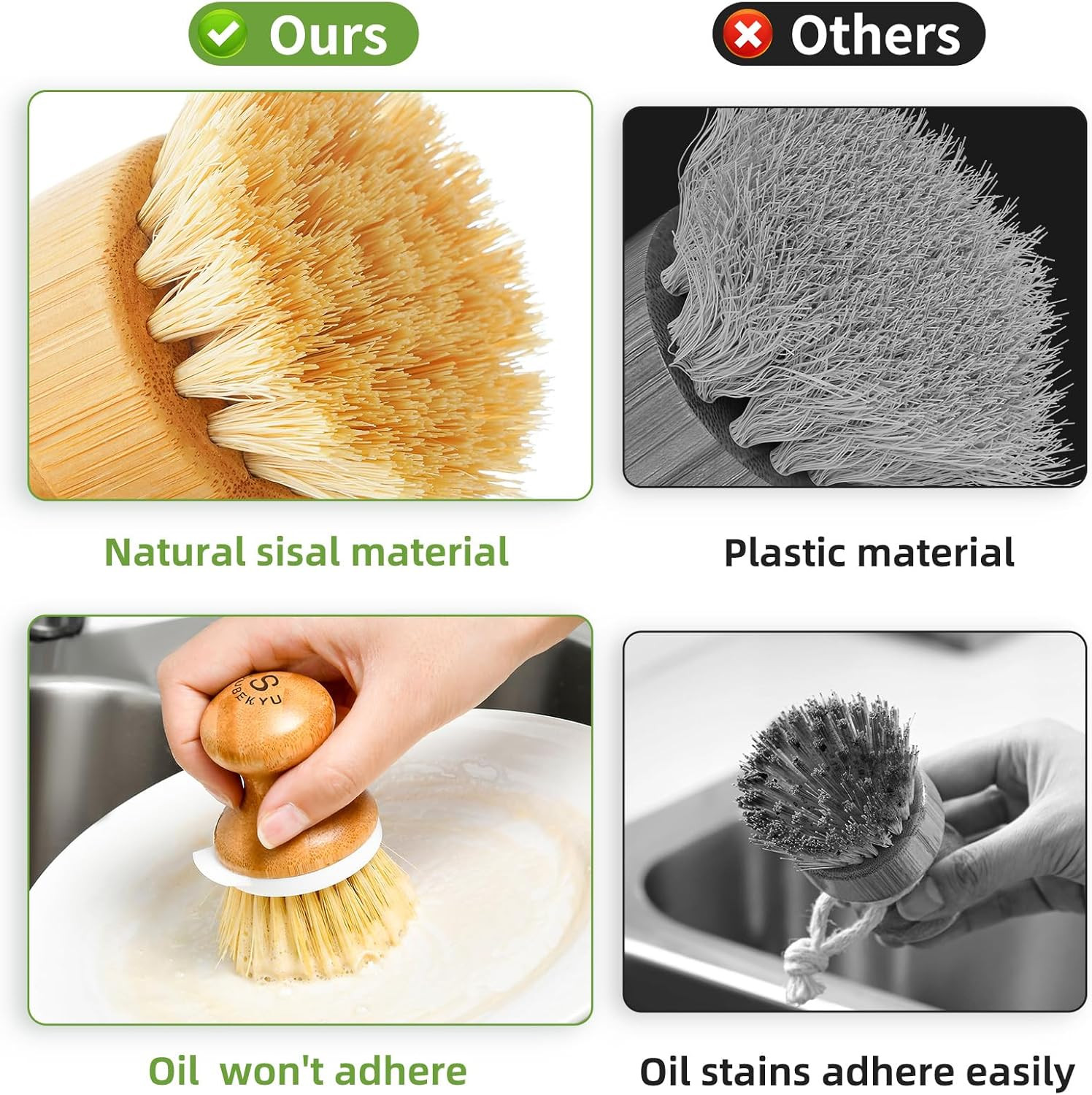 Dish Brush, Bamboo Dish Scrubber Brush Set with Tray, Natural Kitchen Dishwas…