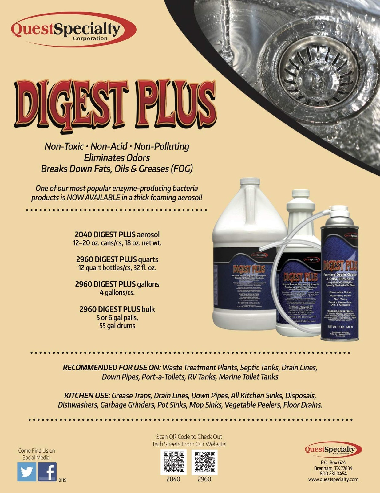 Quest Specialty DIGEST PLUS Foaming Drain Cleaner and Odor Eliminator, 1 count