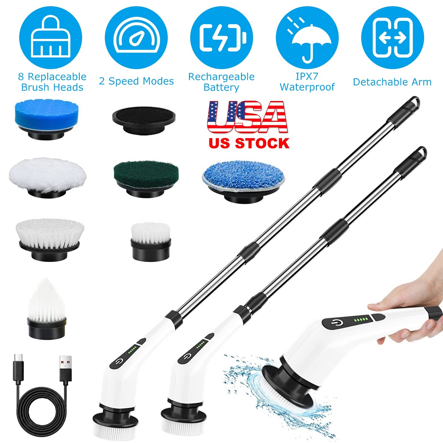 Electric Spin Scrubber Rechargeable Cleaning Brush with 8 Replaceable Brush Head