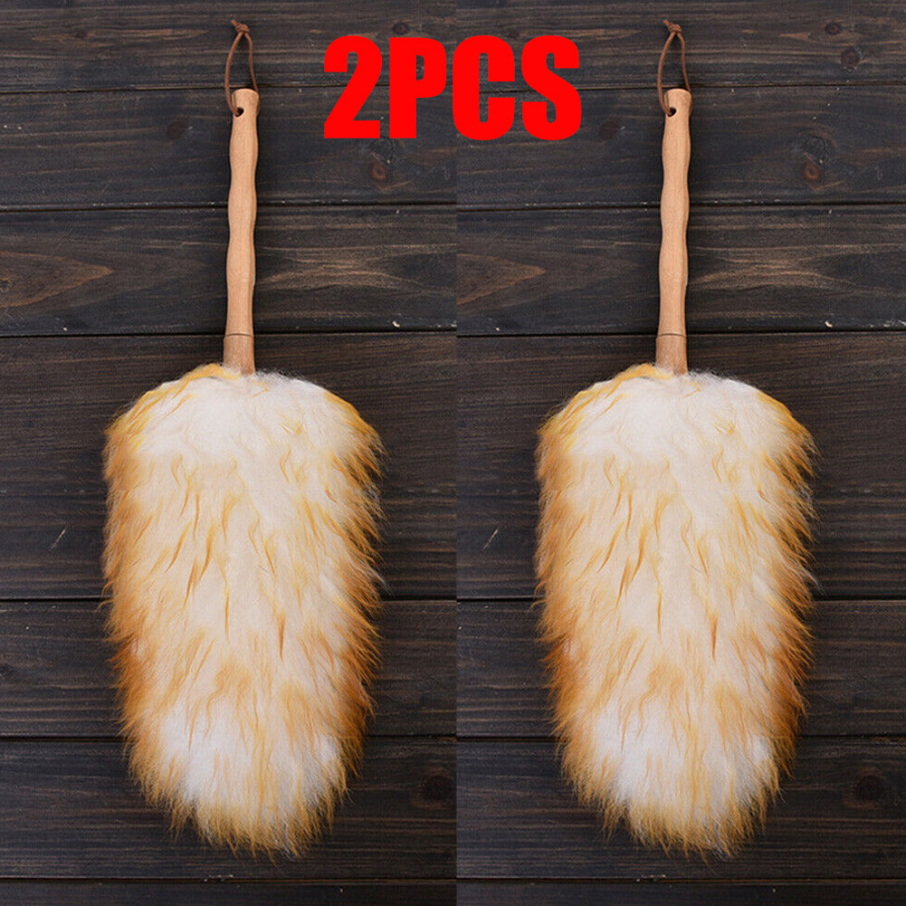 Household Wool Lambswool Feather Brush Duster Dust Cleaning Wood Handle 2PCS