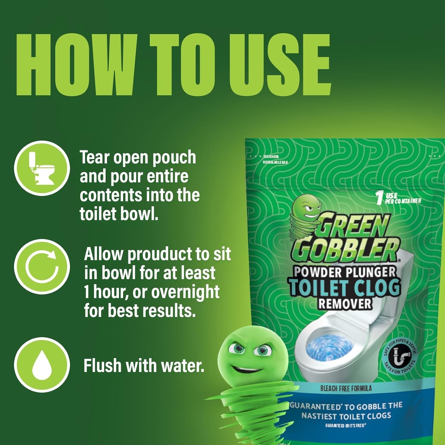 Green Gobbler Powder Plunger Toilet Bowl Clog Remover 2 Pack 16.5 oz Drain Opene