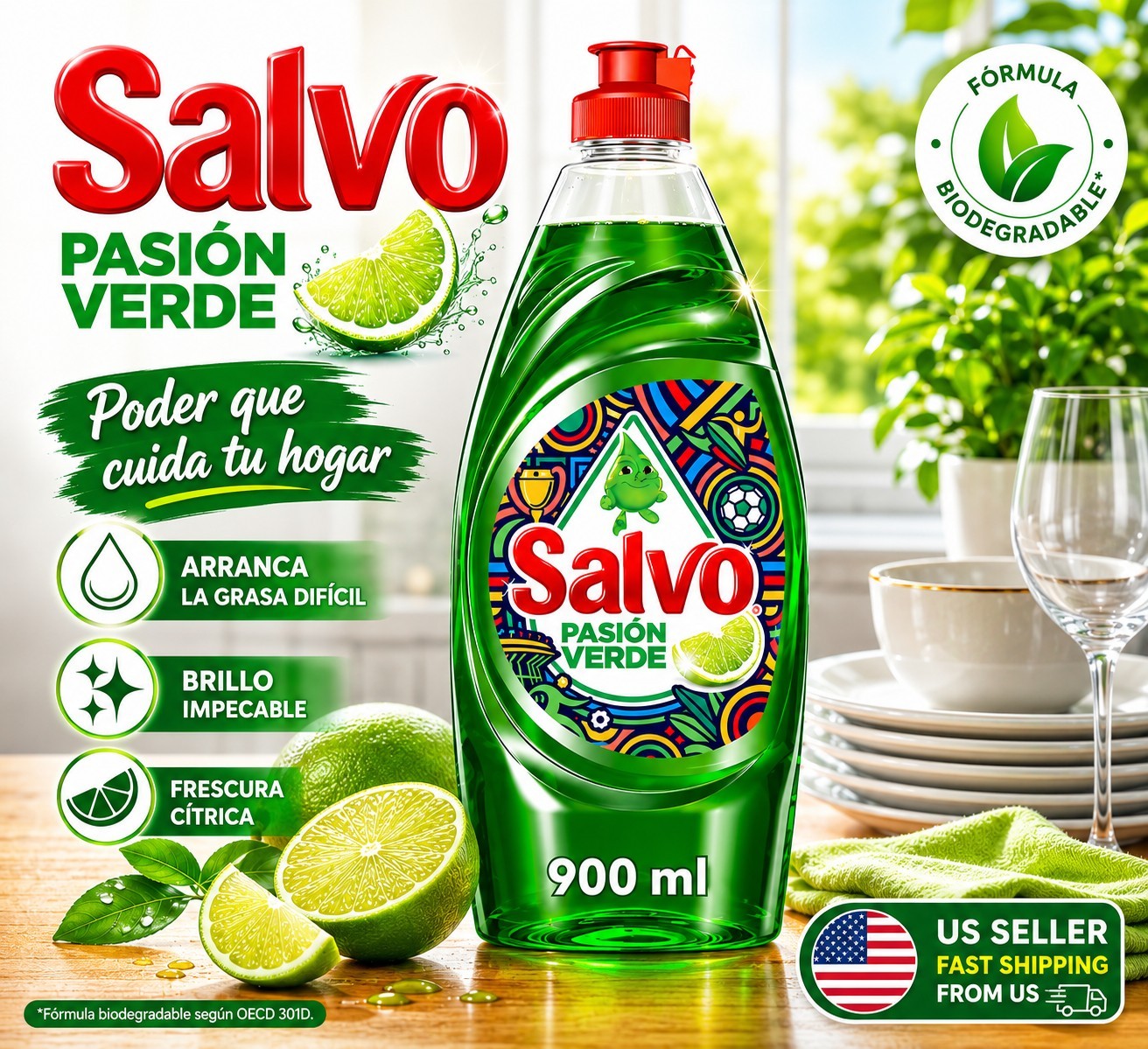 Salvo🍋Pasión Verde Jabón Lavatrastes 900ml / Salvo🍋Dish Soap Detergent 30oz