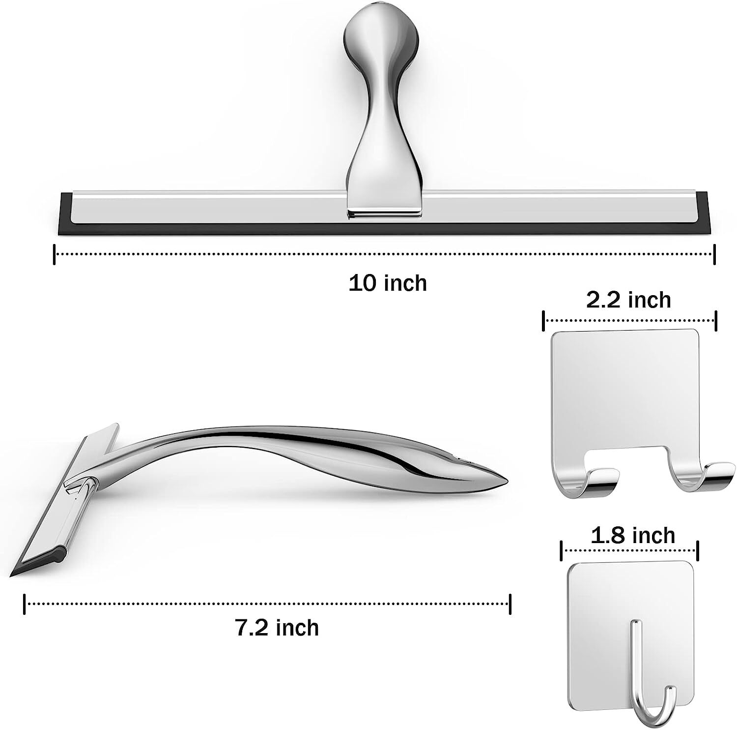 10” Shower Squeegee for Car with 2 Adhesive Hooks Silver Stainless Steel