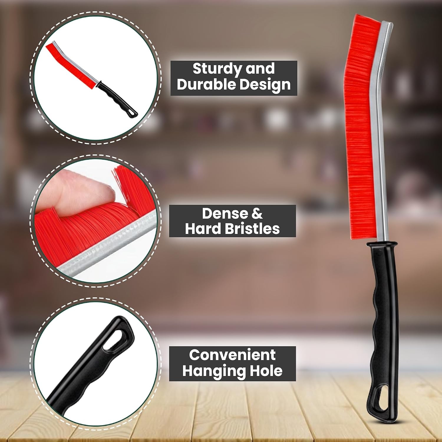 Crevice Cleaning Brush Set – 3Pcs Hard Bristle Cleaning Tools in Black, Red &