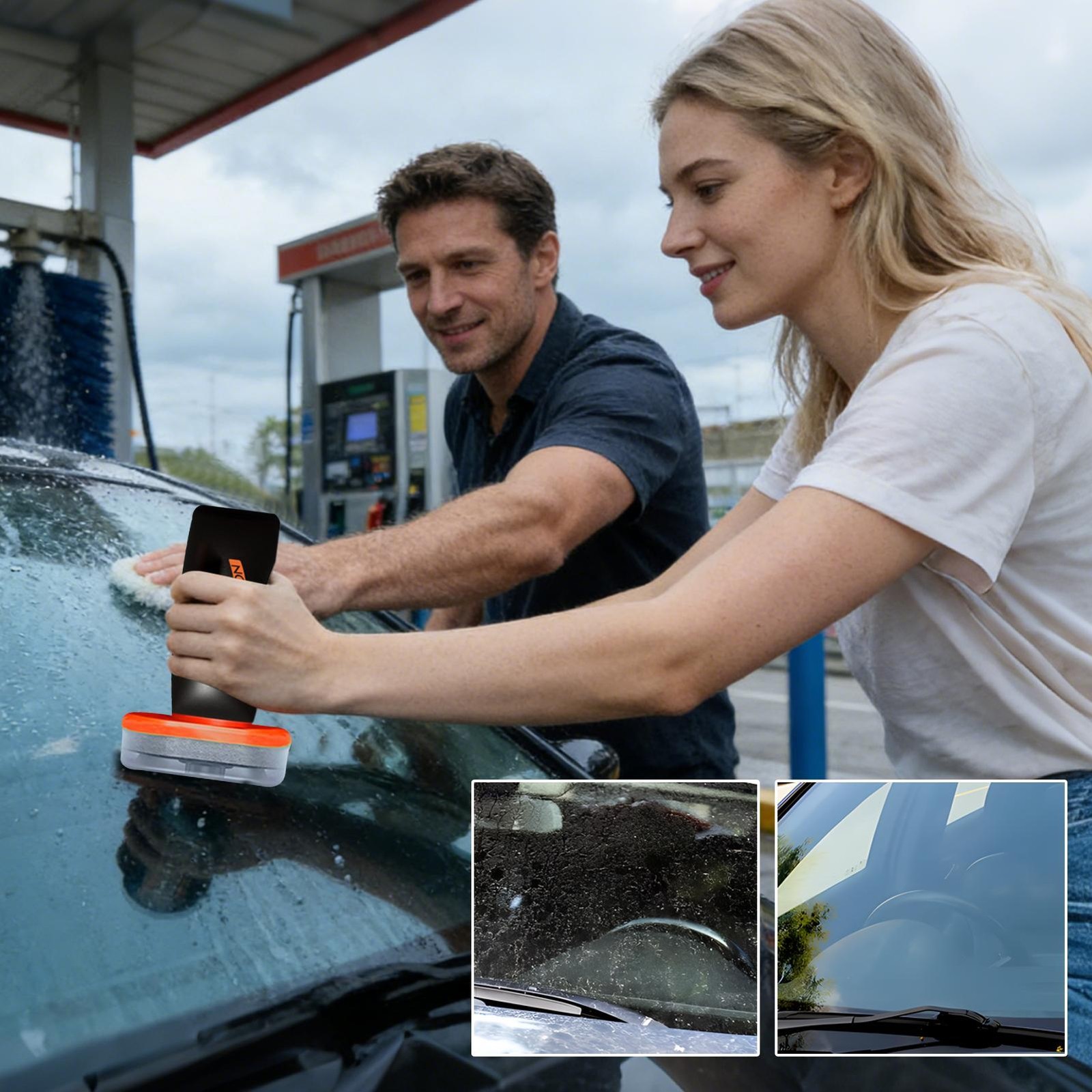 Car Glass Oil Film Remover Cleaning Emulsion 2-in-1 Anti-Glare Hydrophobic Brush