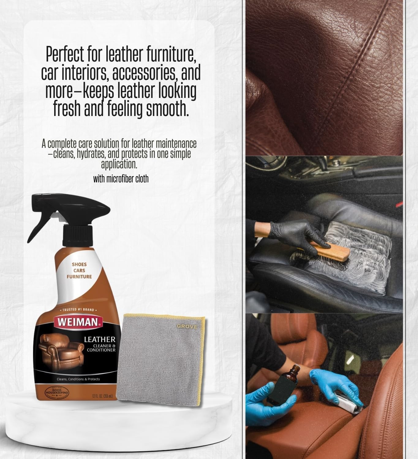 Weiman Leather Cleaner and Conditioner 12 Oz Liquid Bundle with Microfiber Cloth