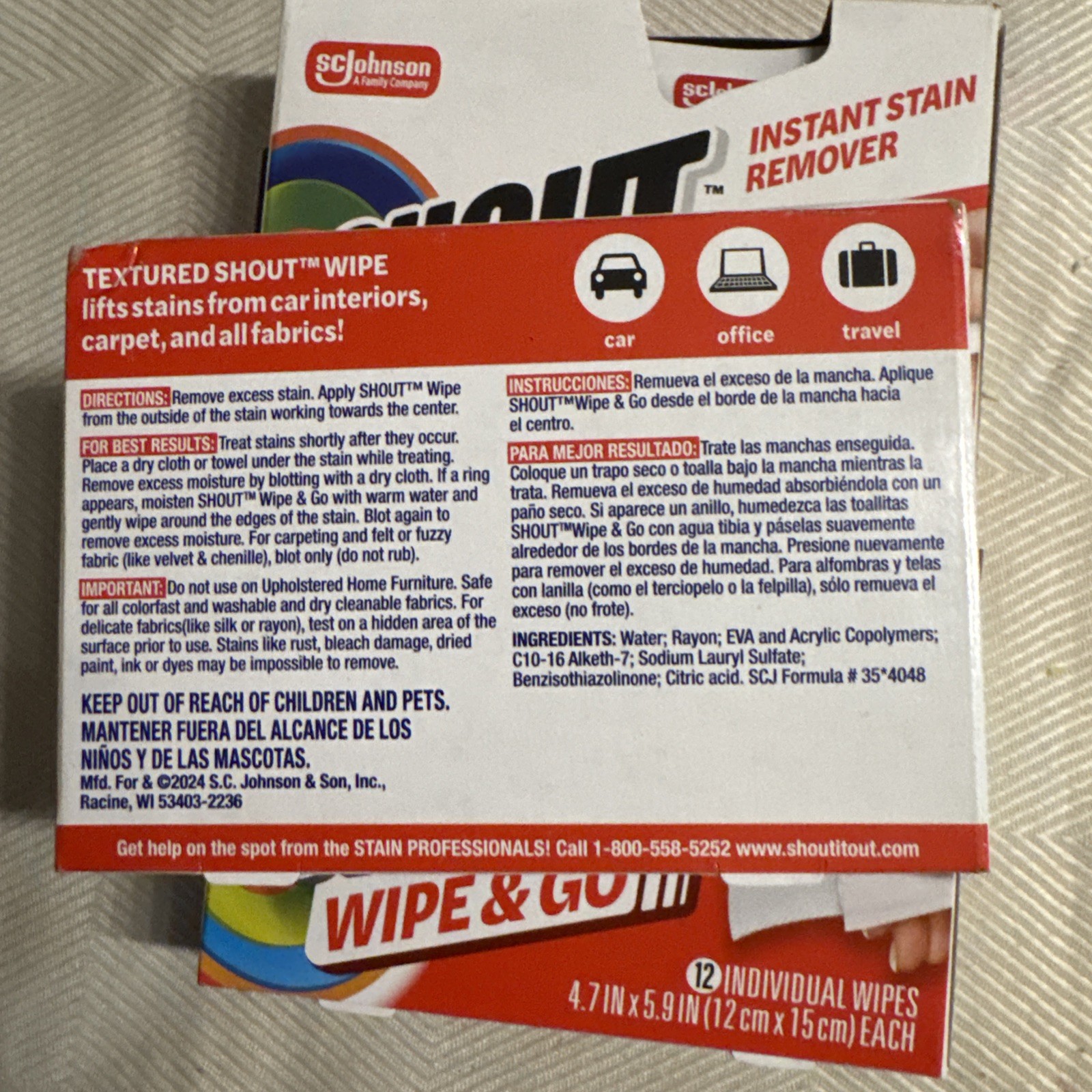 Shout Wipes Stain Remover Wipes 36 individual packed wipes (12 per pack) Lot 3 B
