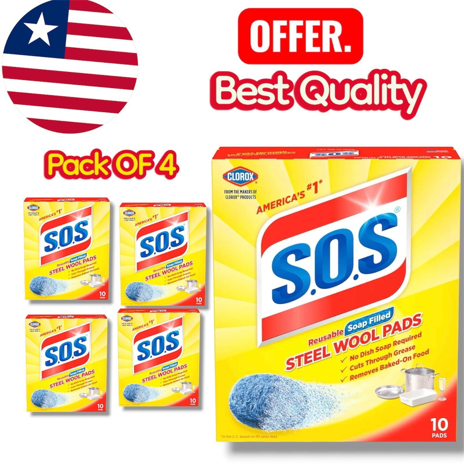 S.O.S Steel Wool Soap Pads 4 Pack 40 Total Pads Heavy Duty Cleaning Scrubber
