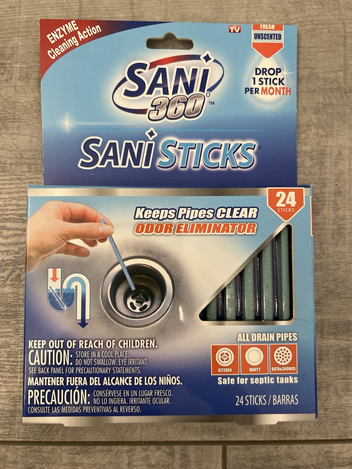 48 SANI 360° Sani Sticks Drain Cleaner and Sink Deodorizer Non-Toxic, Enzyme