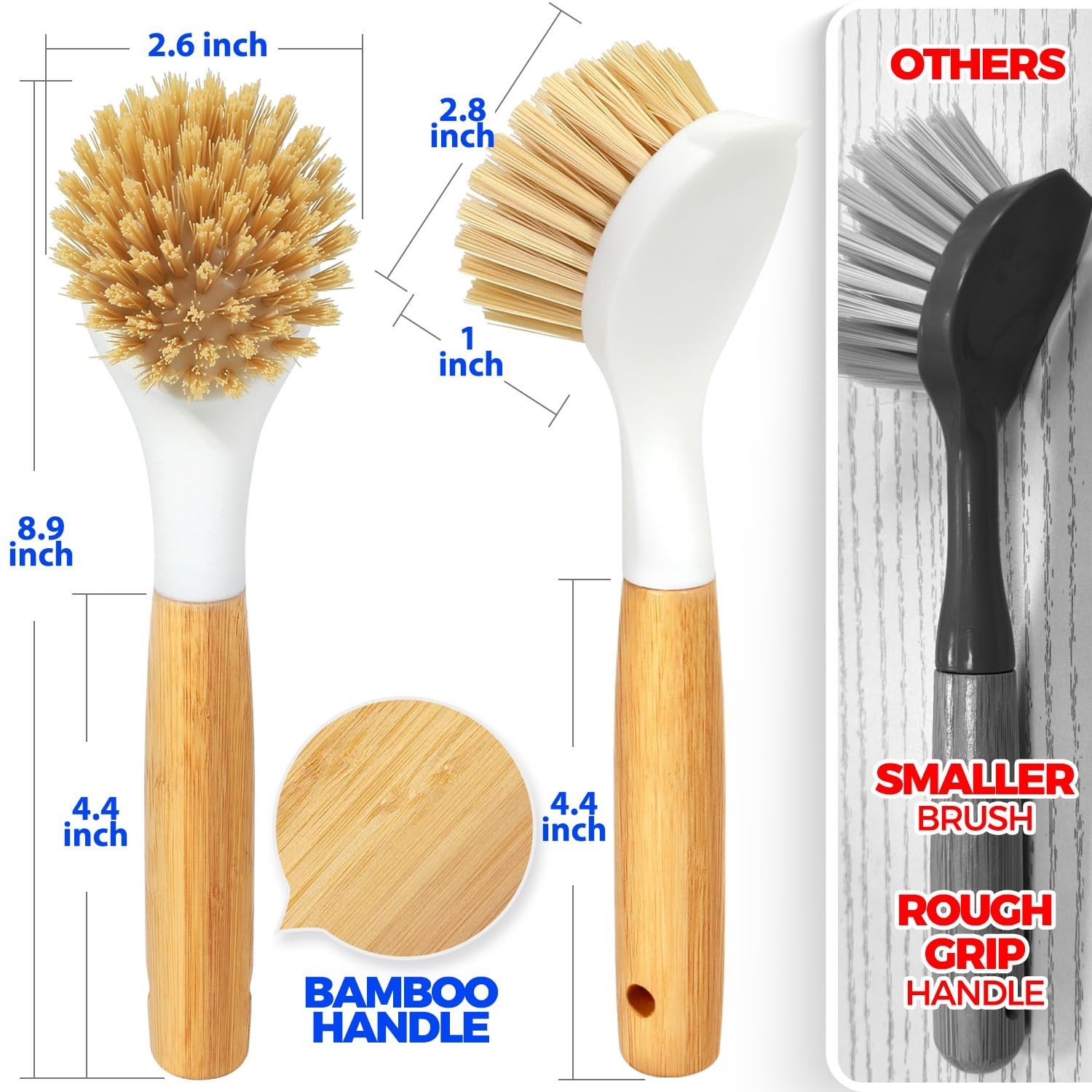 3 Pack Dish Brush Set with Bamboo Handle, Kitchen Brushes for Cleaning Pot, Sink