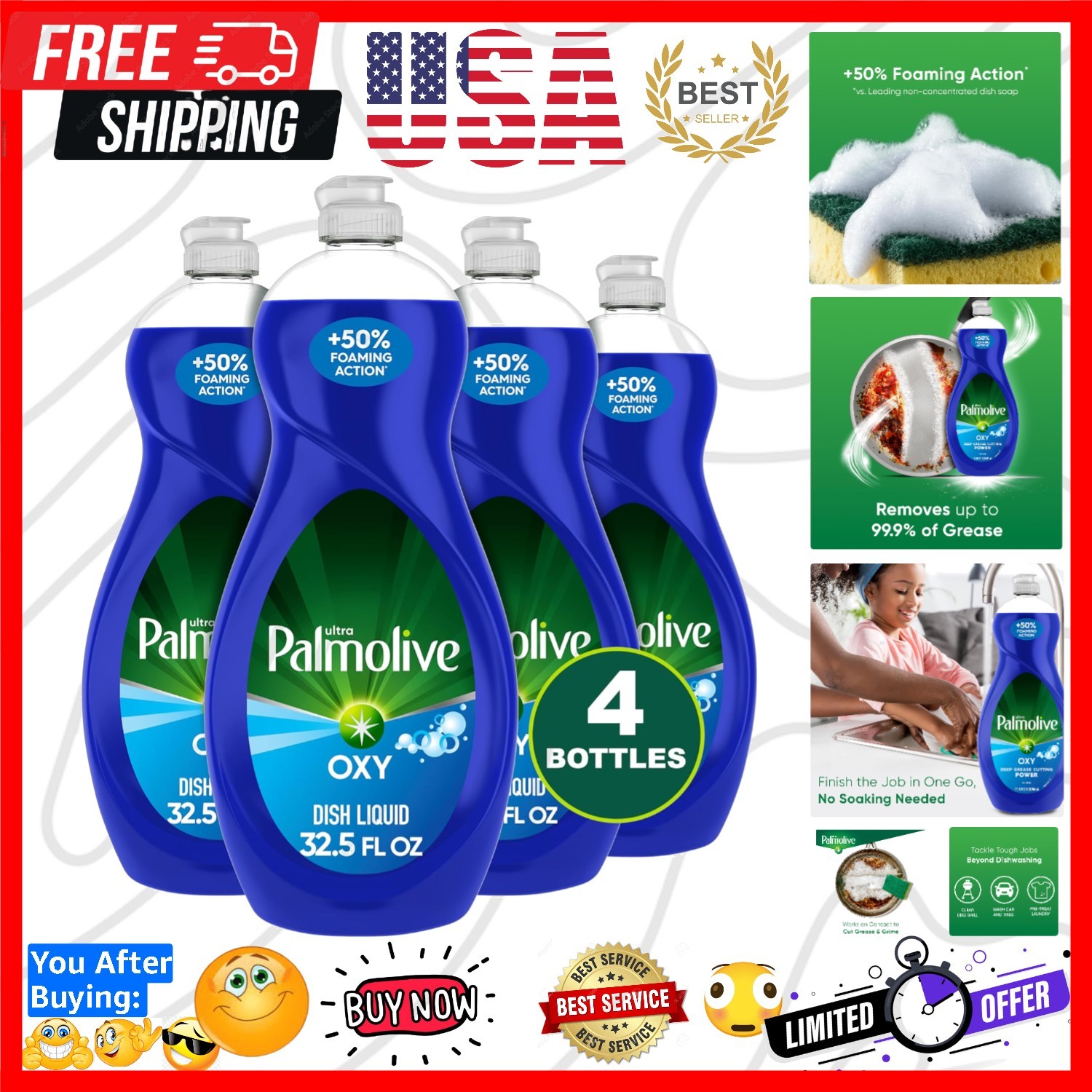 Ultra Dishwashing Liquid Dish Soap, Oxy Power Degreaser – 32.5 Fl Oz Pack of 4