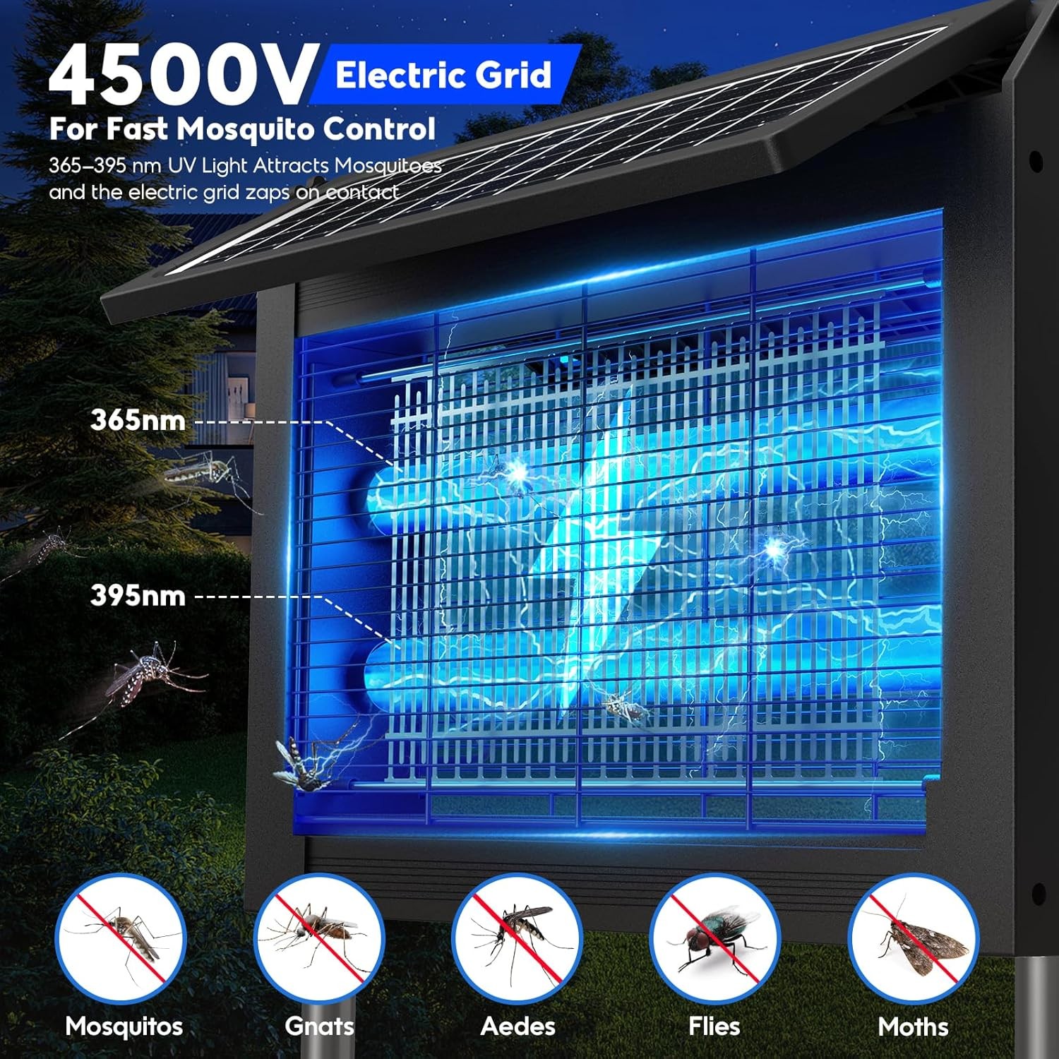 Solar Bug Zapper Outdoor, 4500V Electric Mosquito Zapper with Dual Solar Panel
