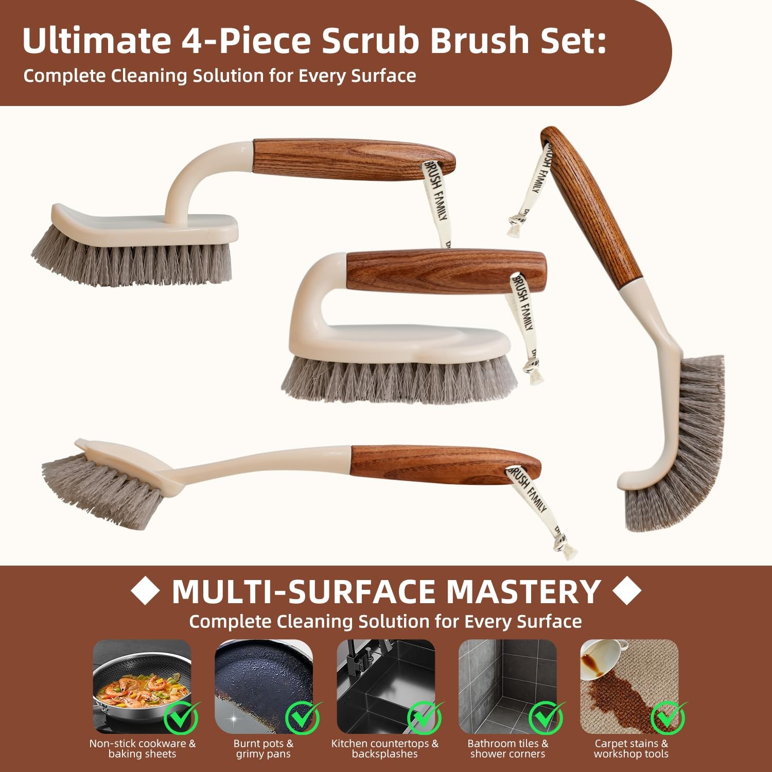Scrub Brushes Set of 4 with Wooden Handles, Triangle & Square – Medium-Firm
