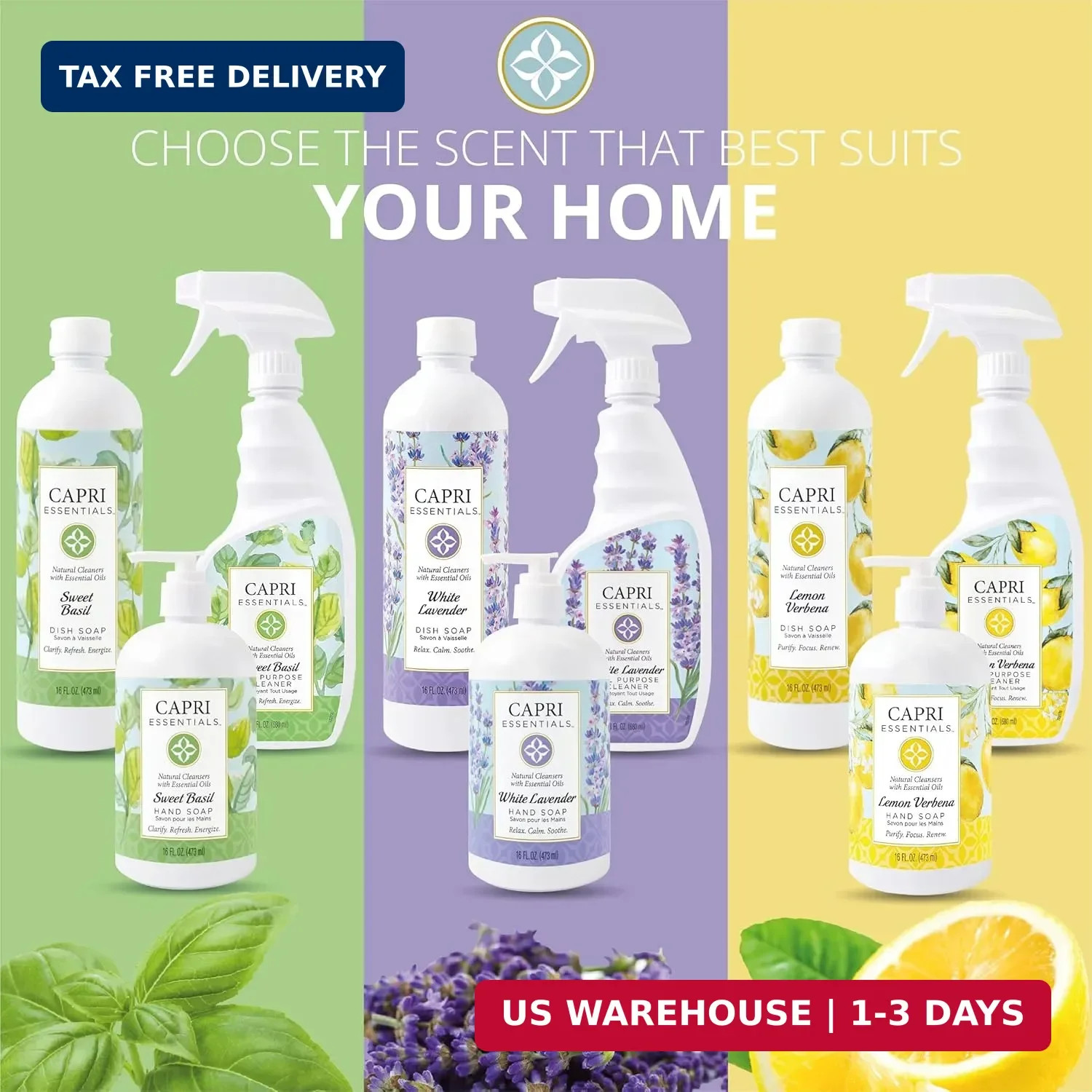 CAPRI ESSENTIALS Dish Soap Liquid, Natural Household Cleaning Supplies, Plant Ba