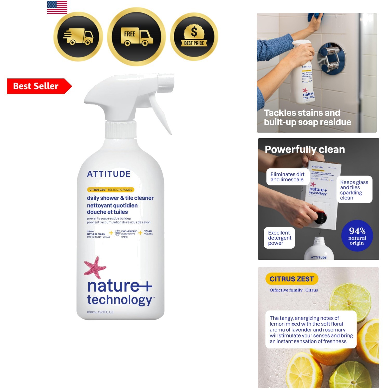 Shower & Tile Cleaner Spray, EWG Verified, Bathroom Cleaner Removes Soap Scum…