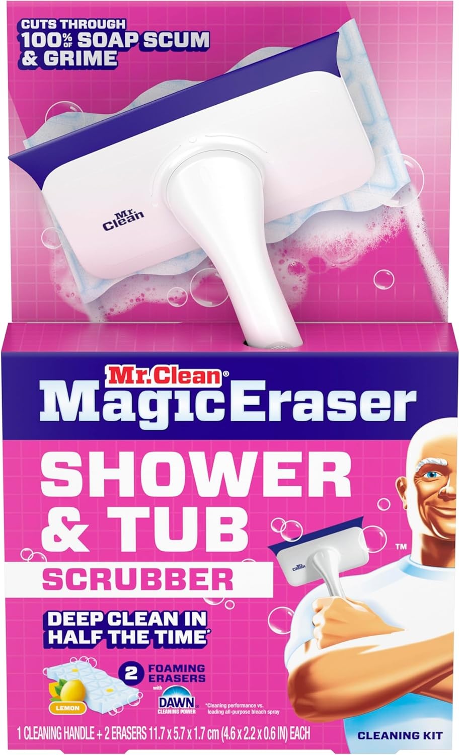 Mr. Clean Shower & Tub Scrubber, Starter Kit, 1 Scrubber & 2 Erasers