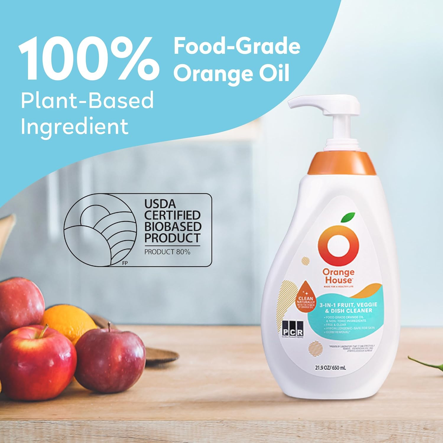 3 in 1 Plant Based Dish Soap, Non Harmful Ingredients Veggie Wash, Orange Oil Fr