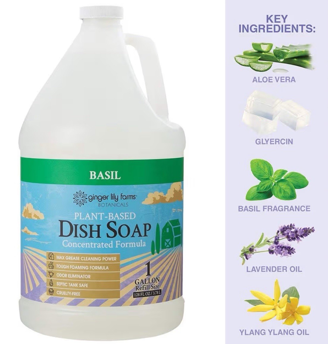 1 Gallon Fresh Basil Dish Soap Refill Plant-Based Liquid Bulk 128oz Natural