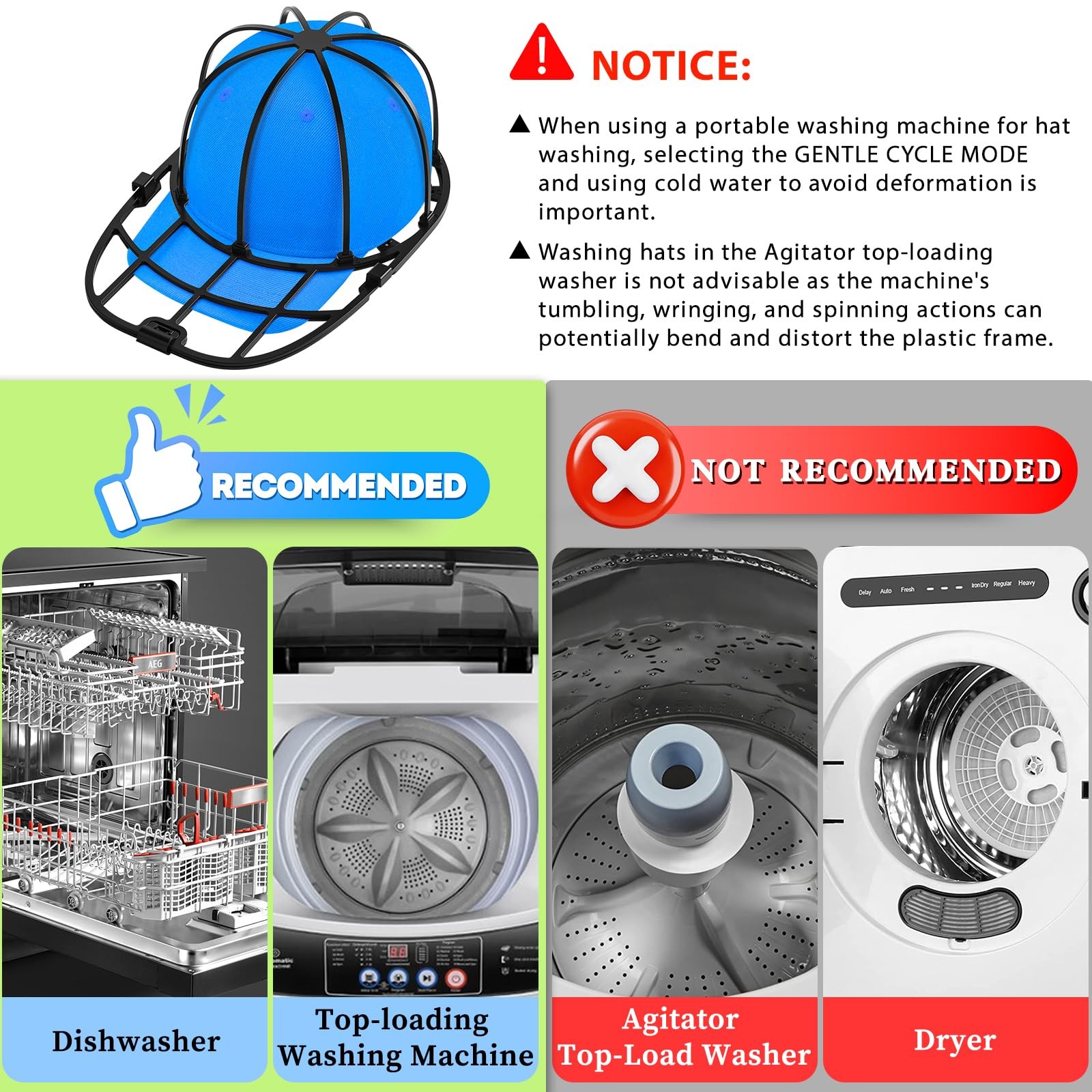 Hat Washer Cage for Washing Machine and Dishwasher Baseball Cap Say Goodbye